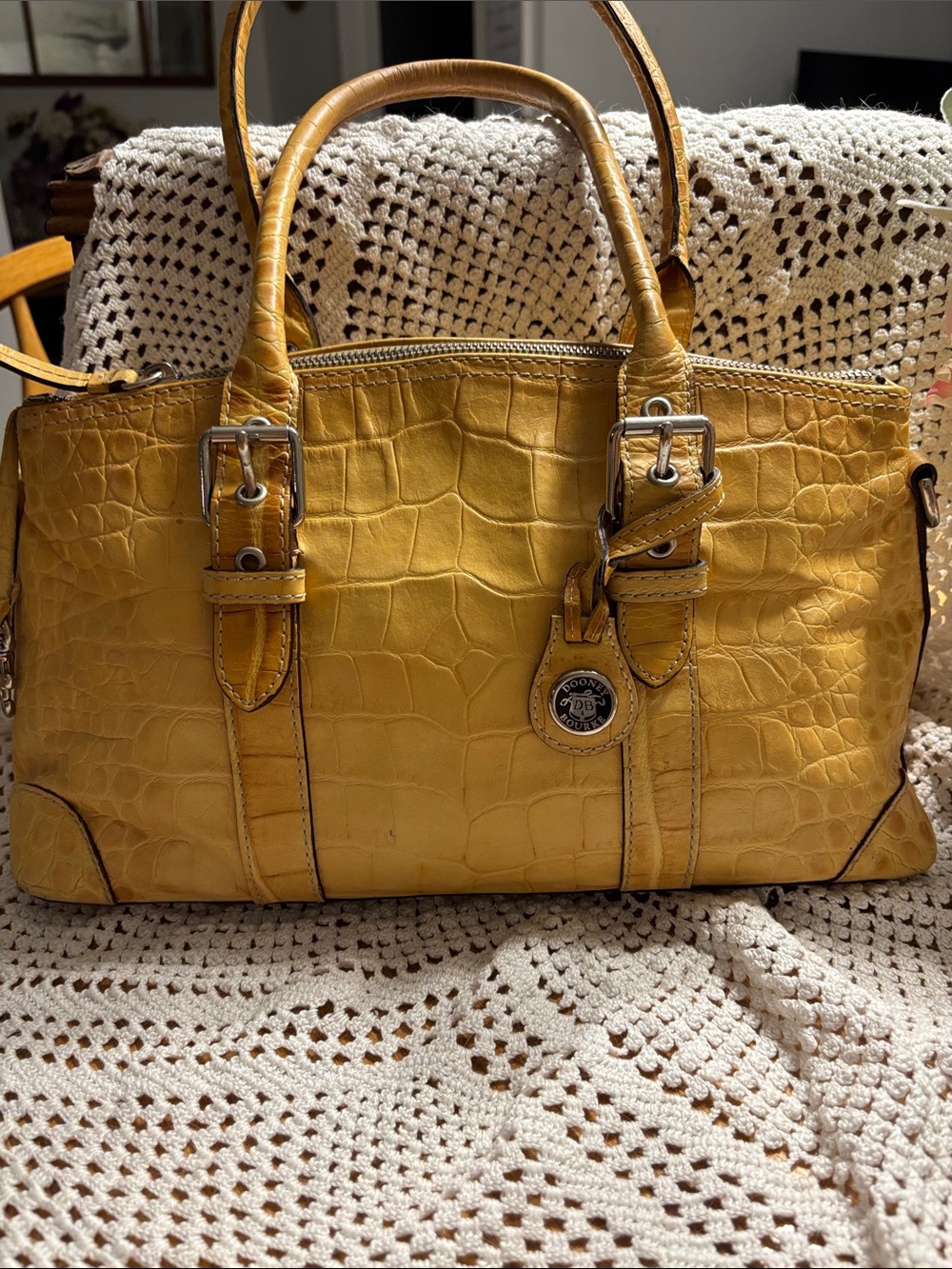 Vintage Dooney & Bourke Mustard Yellow Croc-Embossed Leather Shoulder Bag